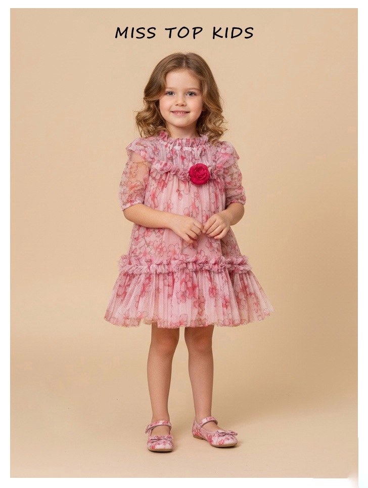 Miss top kids  pink dress with red flower